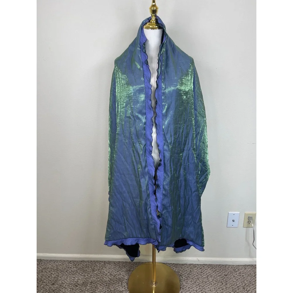 Vintage Velvet Iridescent Ruffle Wrap Shawl Women Black Blue Green Metallic Trim